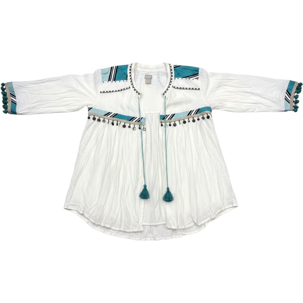 Chicos White Boho Tassel Coin Cardigan Top Teal Striped Gauze Size 1 Medium